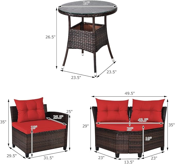 Tangkula 4-Piece C Shape Patio Furniture Set, Outdoor Corner Wicker Rattan Sectional Cushioned Sofa Set, with Glass Coffee Table, for Garden Poolside Balcony (Red)