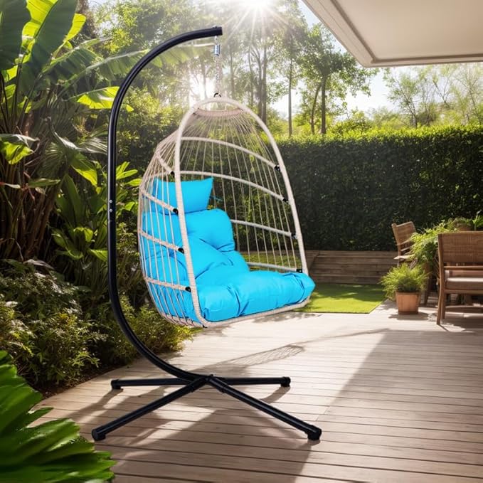 Outdoor Egg Hanging Chair with Stand, Patio Wicker Swing Egg Chair Indoor Swinging Chair Outdoor Hammock Egg Chair Blue