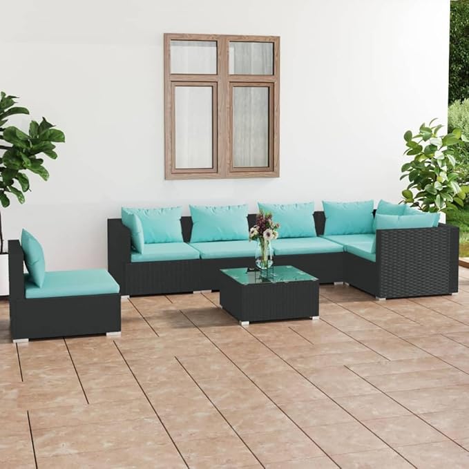 7 Piece Patio Lounge Set with Cushion, Furniture Conversation Sets Patio Lounge Set Outdoor Patio Sectional Piece Patio Set s Poly Rattan Black