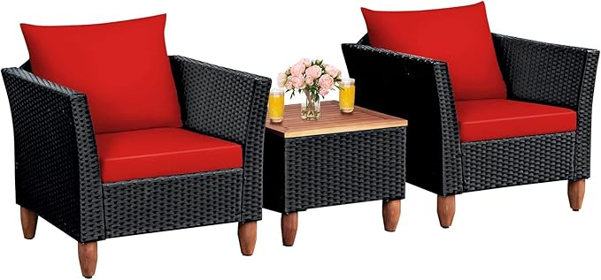 COSTWAY 3 Pieces Patio Rattan Furniture Set, Outdoor Wicker Conversation Chairs Set with Acacia Wood Coffee Table & Washable Cushion, Porch Furniture Bistro Set for Balcony, Garden, Backyard, Red