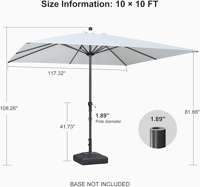 PURPLE LEAF 10' x 10' Square Patio Umbrella Outdoor Table Umbrella Aluminum Frame Market Umbrella Sun Umbrella with 8 Sturdy Ribs for Garden Deck Lawn Pool White