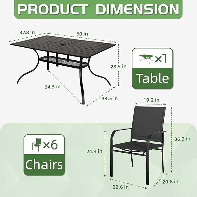 Incbruce 7 Pieces Outdoor Dining Set, Patio Metal Dining Set of 6 Textilene Chairs and Rectangle Table with Umbrella Hole for Lawn, Garden, Porch and Backyard (Black)
