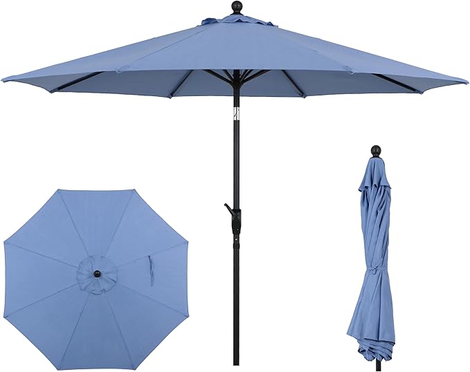 9FT Outdoor Patio Umbrella with Crank Lift & Auto Tilt - Market Umbrella, 8 Heavy-Duty Ribs, UV Resistant & Water-Repellent for Garden, Deck, Poolside & Backyard