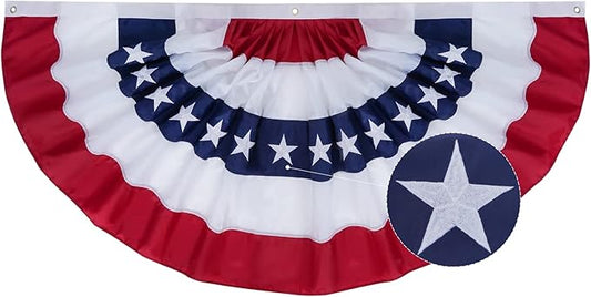 SYII Bunting Flag 3x6 Feet Outdoor, Embroidery Stars American US Bunting Flags with 3 Brass Grommets, Patriotic Half Fan Banner for Fourth of July Decor, 4th of july Decorations Outdoor