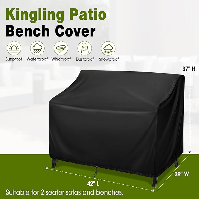 Kingling Outdoor Bench Covers, Patio Loveseats Cover Waterproof Bench Covers for Outdoor Furniture Glider Chair Sofa Cover, 42" W x 29" D x 37" H Black
