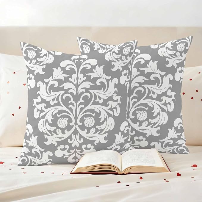 Outdoor Pillow Covers Set of 2, Damask Abstract Flower Grey Decorative Throw Pillow Covers 16X16IN, Classic Luxury Floral Throw Pillows Protector Cushion Case for Patio,Couch,Sofa,Garden