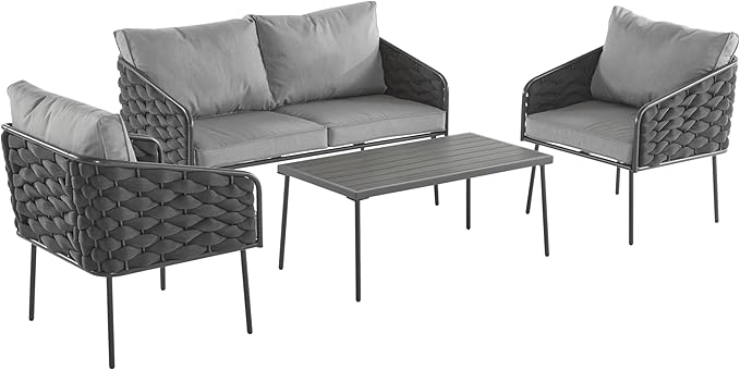 Christopher Knight Home Lena Patio Conversation Set, Rope Woven Club Chairs and Loveseat, Metal Frame Armchair, Slat Panel Coffee Table, Accent Table and Chair Set for Backyard Garden Poolside, Gray