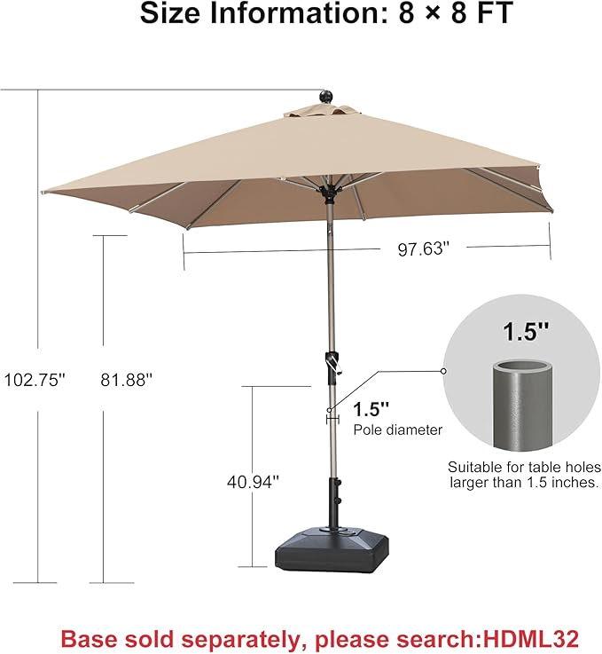 PURPLE LEAF 8' x 8' Square Patio Umbrella with Tilt Adjustment, Outdoor Table Umbrella Champagne Aluminum Frame, Market Umbrella Pool Umbrella for Deck Garden, Patio, or Lawn