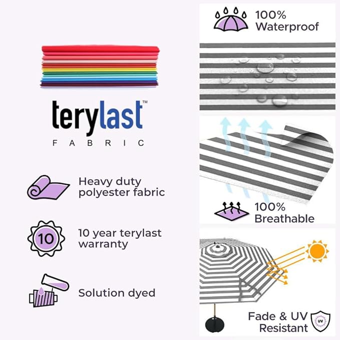 Midtown Umbrellas The LED Swilt 10 Feet Patio Umbrella With Terylast Matter Stripes (Grey/White) Polyester Fabric - Auto-Tilt Aluminum Frame w/LED Lights For Backyard, Deck, Garden, Pool - Black Pole