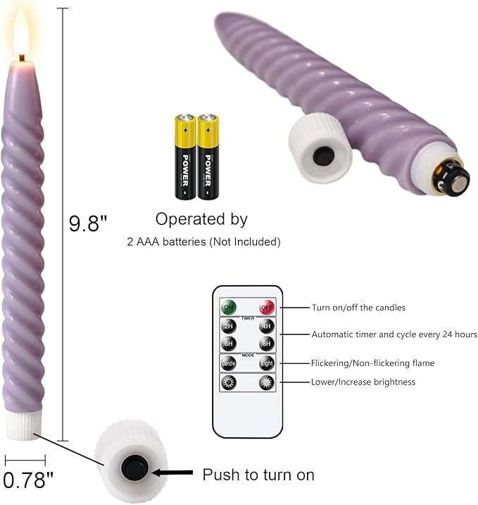 Purple Flameless Taper Candles Real Wax Flickering with Remote Timer, Gentle Lavender LED Spiral Candles Battery Operated 6 Pack 9.8 inch, Wedding Birthday Home Party Holiday Dinner Decor