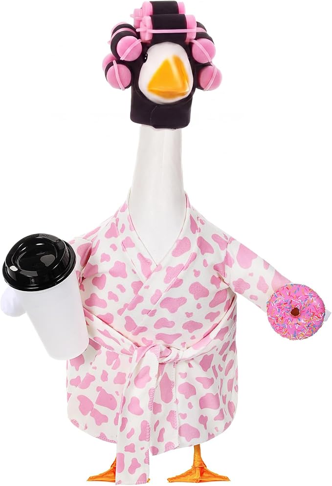 Shyyween Lady Porch Goose Outfit for 23'' Cement Plastic Lawn Goose Statue Clothes Cow Bathrobe Coffee Cup Curlers for Outdoor Garden Yard Patio Decoration