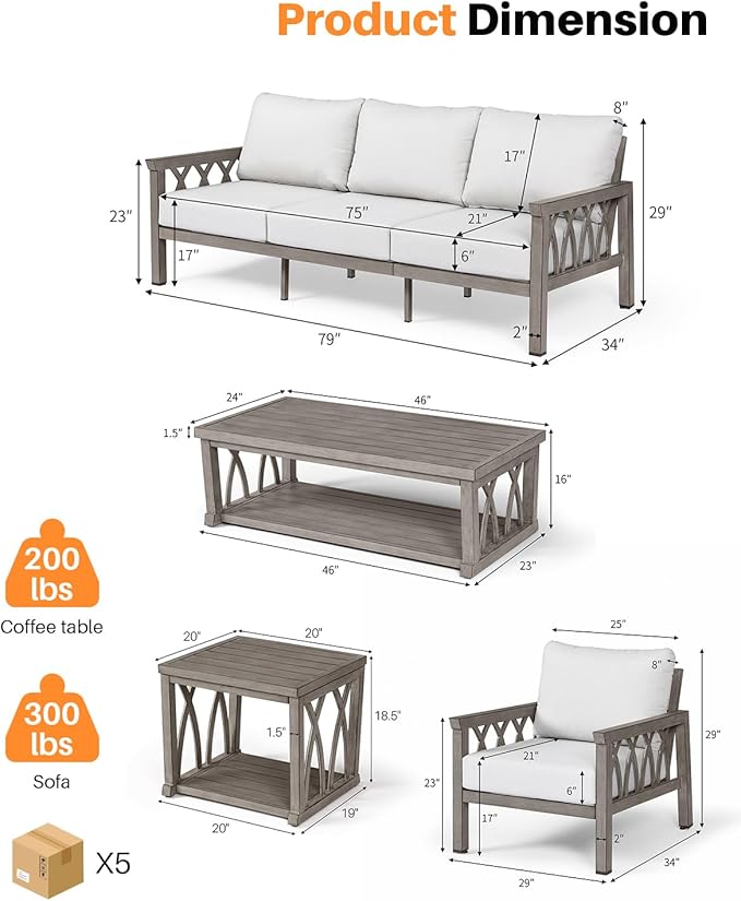 5-Piece Patio Furniture Set, Aluminum Outdoor Sectional Couch Set, Patio Conversation Set with Thick Cushions, Weather-Resistant Outdoor Furniture Set for Porch, Deck, Pool, Limed Oak