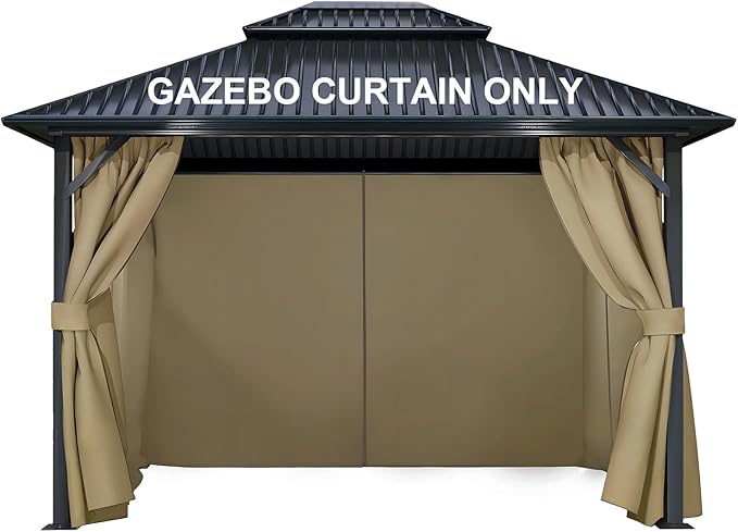 COWVIE 4-Panel 12' x 14' Gazebo Replacement Curtains, Patio Privacy Sidewalls with Double Zipper, Replacement for Outdoor Gazebo Canopy-Khaki