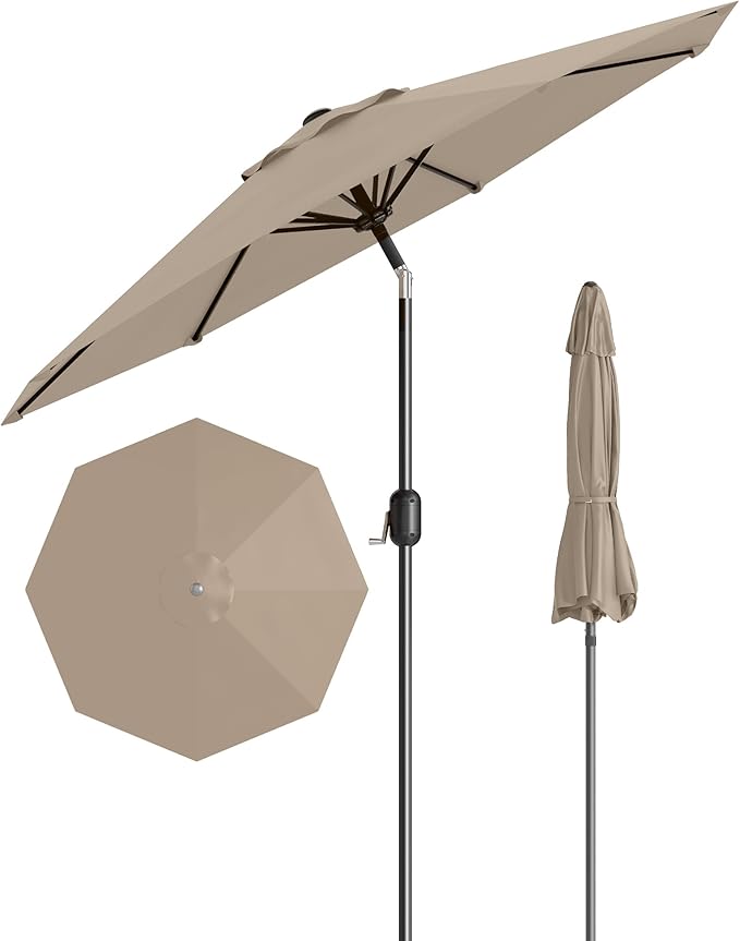 GarveeLife 10 ft Patio Umbrella, Outdoor Table Market Umbrella with Push Button Tilt and Crank, 8 Sturdy Ribs UV Protection Waterproof for Garden, Deck, Backyard, Pool (Tan)