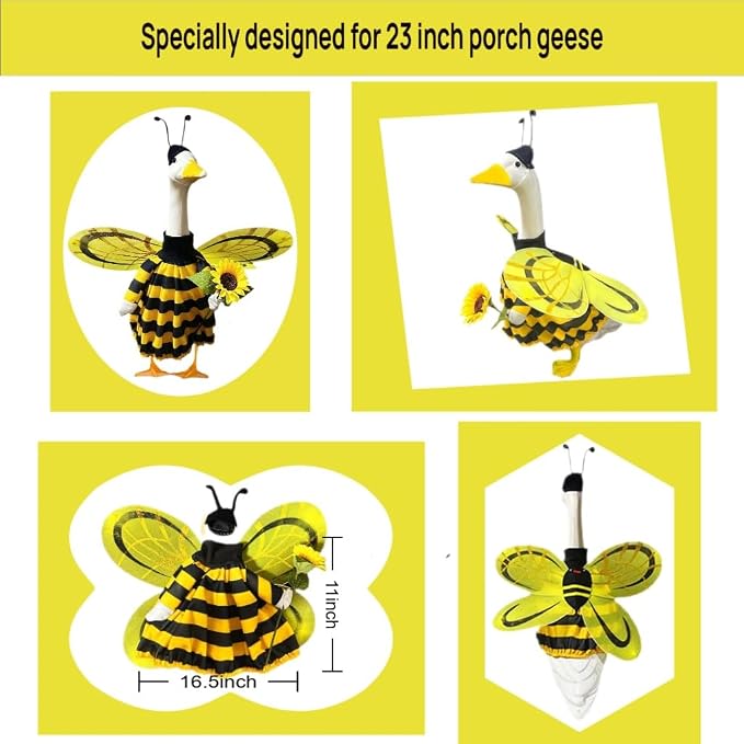 Spring Porch Goose Outfit for 20-23 Inch Concrete Goose Clothes, Bee Porch Goose Costume Funny Cement Plastic Goose Statue for Outdoor Garden Yard Patio Art Decor（Bees and Ladybugs are Optional）