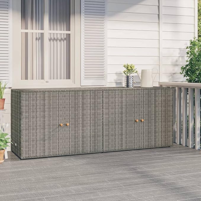 Outdoor Garden Storage Cabinet, Weather-Resistant PE Rattan Storage Box with 270 Degree Swing Doors, Grey Waterproof Deck Organization Bin for Patio, Backyard, and Terrace