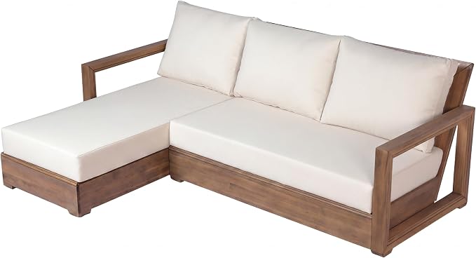 Christopher Knight Home L-Shaped Outdoor Patio Sectional Sofa Set, 3-Seater Acacia Wood Floor Seating Patio Couch with Cushions, Modular Outdoor Patio Furniture for Backyard Porch Deck, Beige+Brown