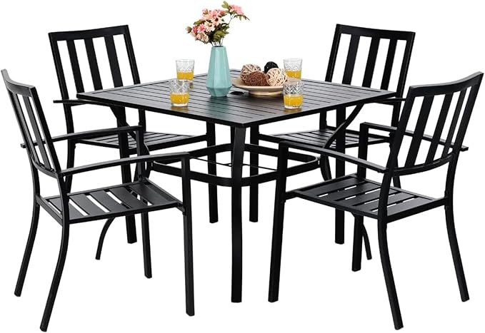 PHI VILLA Patio Dining Set,4 Stackable Chairs& 37" Square Metal Table | Outside Furniture Set for Patio, Deck, Backyard, Porch