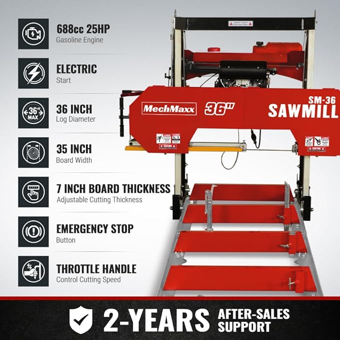 MechMaxx 36" MAX Portable Sawmill, 25HP 688cc HONDA GX690 V-Twin Engine, 35" Board Width, 20' Track Length, (10 x Blades Included),Model SM36HMAX