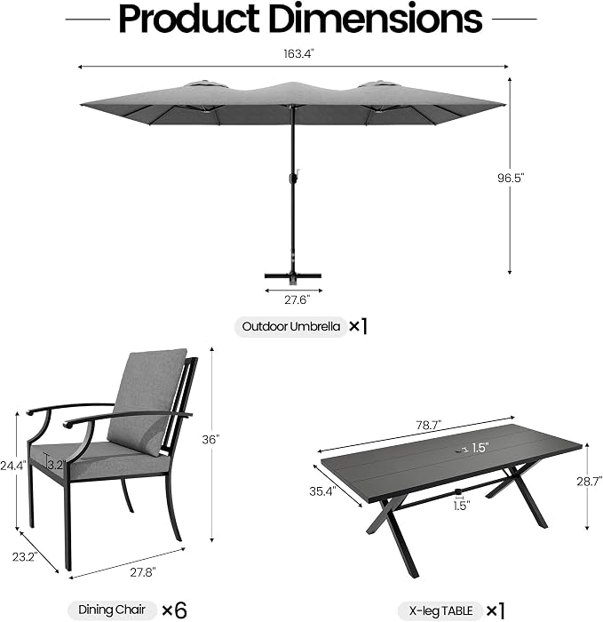 8 PCS Outdoor Patio Dining Set with 13.6ft Double-Sided Patio Umbrella,Patio Table and Chairs Metal Outdoor Patio Furniture Set,Dining Table Set with 6 Chairs,Grey