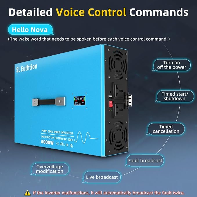 5000W Pure Sine Wave Power Inverter Voice Control AI Voice Assistant Support English 24V to 120V 60HZ with LCD Display, USB Port, for Car Home Laptop Truck