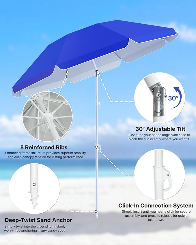 paramondo Beach Umbrella with Sand Anchor, Ultimate Adjustable Shade with Tilt & 360° Rotation, Portable 6FT Round Umbrella with Carry Bag, Windproof for Pool Patio Beach