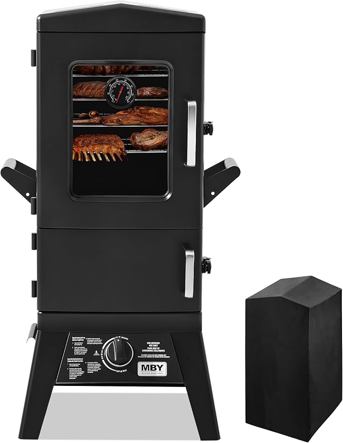Propane Smoker with Cover, Vertical Smoker Grill with Temperature Control Outdoor Heavy Duty Three Removable Smoking Shelves, Metal Black