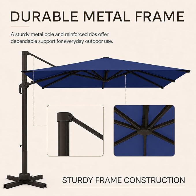 Kingdura 10' X 10' Cantilever Patio Umbrella with Base Included, Large Square Aluminum Outdoor Offset Umbrella with 360-degree Rotation, 4 Position Tilt, UV Protection for Pool Deck Garden Patio (Navy blue)