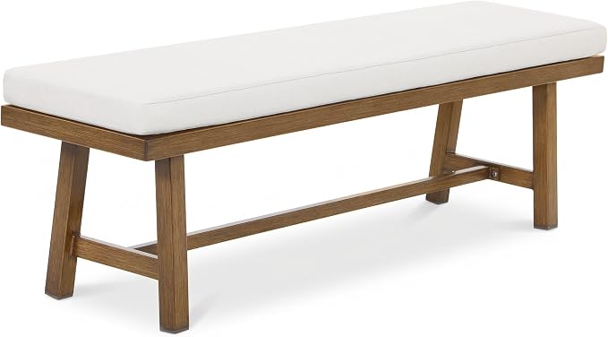 2-Person Outdoor Bench with Detachable Cushion, Rust-Free Aluminum Garden Bench, Indoor Outdoor Dining Bench with 550 lbs Weight Capacity for Backyard, Poolside, Porch, Teak