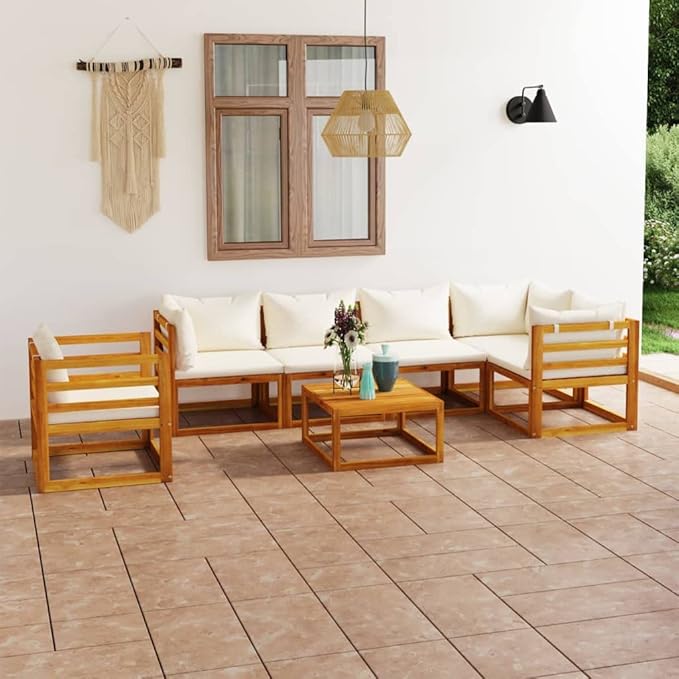 Patio Lounge Set with Cushion,Outdoor Patio Furniture,Outdoor Chat Conversation Set,Garden Furniture Sets,for Patio,Backyard,Garden,Outdoor,7 Piece Cream Solid Acacia Wood