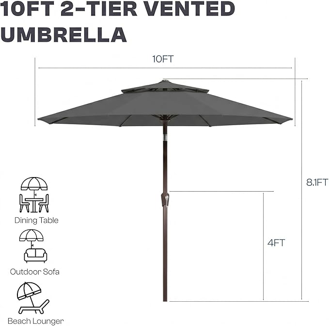 Outdoor Patio Umbrella, 2 Tiers Market Table Umbrella with 8 Sturdy Ribs, Push Button Tilt and Crank, UPF50+ UV Protection for Deck, Pool, Garden and Backyard