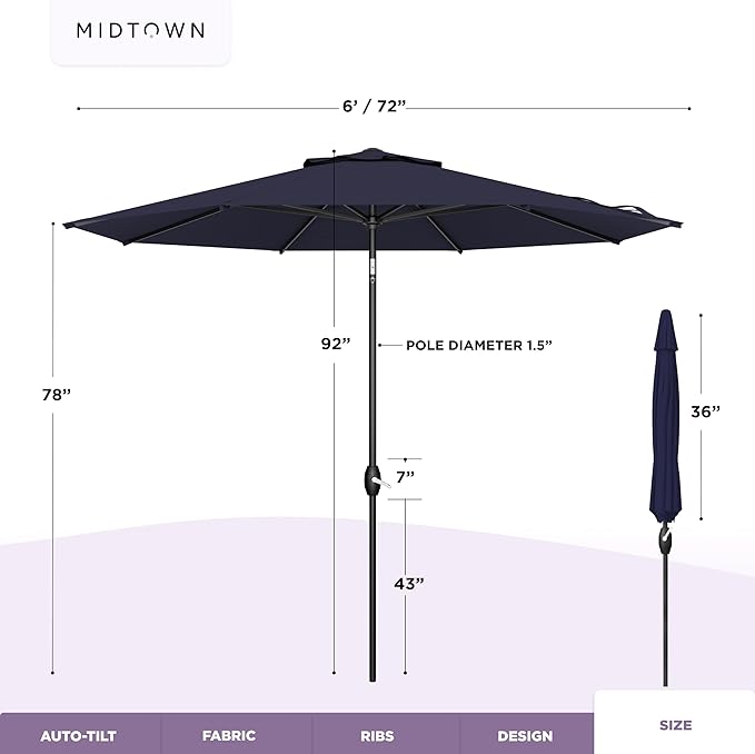 Midtown Umbrellas - 10-Year-No-Fade 6 Ft Patio Umbrella with Terylast Fabric, Auto-Tilt Aluminum Frame and 8 Reinforced Ribs for Deck, Pool, Garden & Beach - Navy Blue Canopy, Black Pole