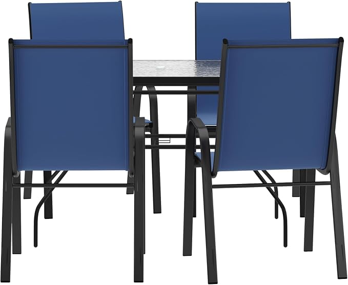 Merrick Lane Bardwell 5 Piece Outdoor Dining Table Set for 4 with Glass-Top Patio Table and 4 Stack Chairs with Flex Comfort Material in Navy