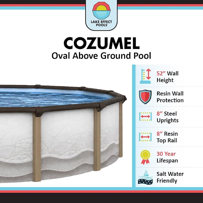 Lake Effect Pools 'Cozumel' 12 ft x 24 ft Oval Above Ground Swimming Pool | 52 Inch Resin Protected Steel Sided Walls | Bundle Includes: 25 Gauge Overlap Liner & Widemouth Skimmer