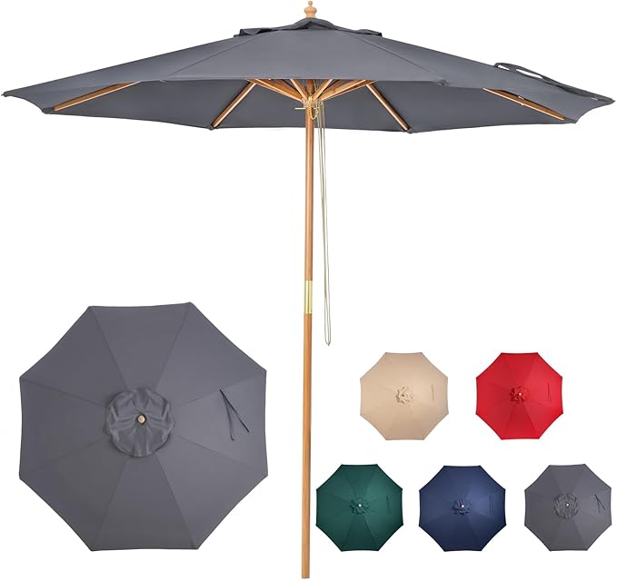 9ft Bamboo Umbrella, Outdoor Patio Umbrella, Waterproof Market Umbrella, 8 Ribs Table Umbrella with Pulley Lift for Garden, Deck, Pool, lawn, Backyard
