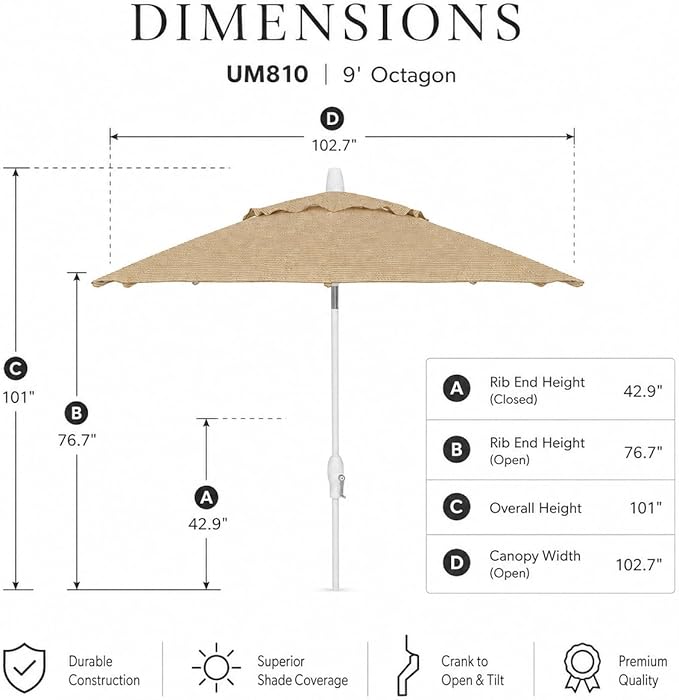 Treasure Garden 9ft Patio Umbrella - Outdoor Furniture Market Umbrella – Deluxe Auto-Tilt – White Aluminum Frame (Sunbrella, Antique Beige)
