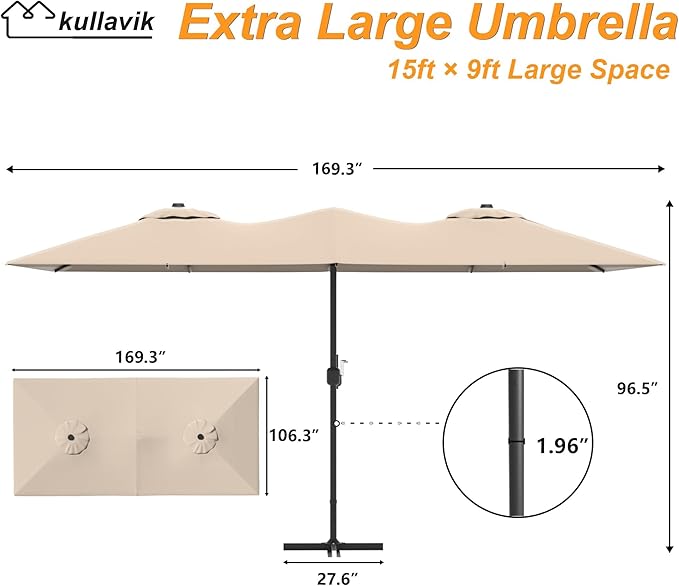 Kullavik 15FT Outdoor Patio Umbrella,Large Umbrella with 10 Heavy iron rib,sun umbrella with Crank Handle,Parasol for Poolside,Beach,Backyard,Khaki