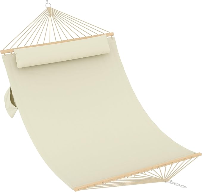 Garvee Double Quilted Fabric Hammock with Hardwood Spreader Bars and Pillow 450 LBS Capacity 2 Person Large Hammock for Outdoor Patio Backyard Poolside（Beige）