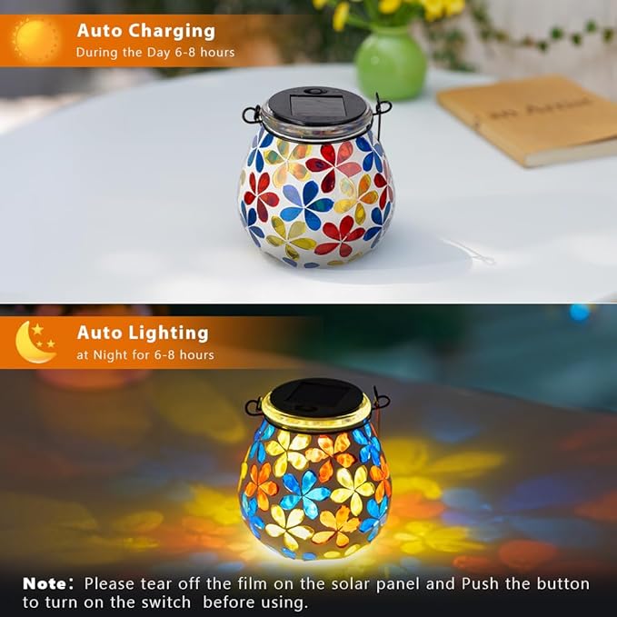 Stargarden 2Pack Mosaic Solar Lanterns, Glass Hanging Lantern Waterproof Outdoor Haning Lights Flower Decorative Table Lamp for Garden ,Patio,Yard Decor