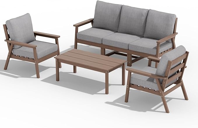 LOUNZY HDPE Patio Furinture Set, 6 Piece Sectional Sofa Outdoor Furniture Set, All Weather Outdoor Couch Set Patio Conversation Set for Deck, Lawn, Brown