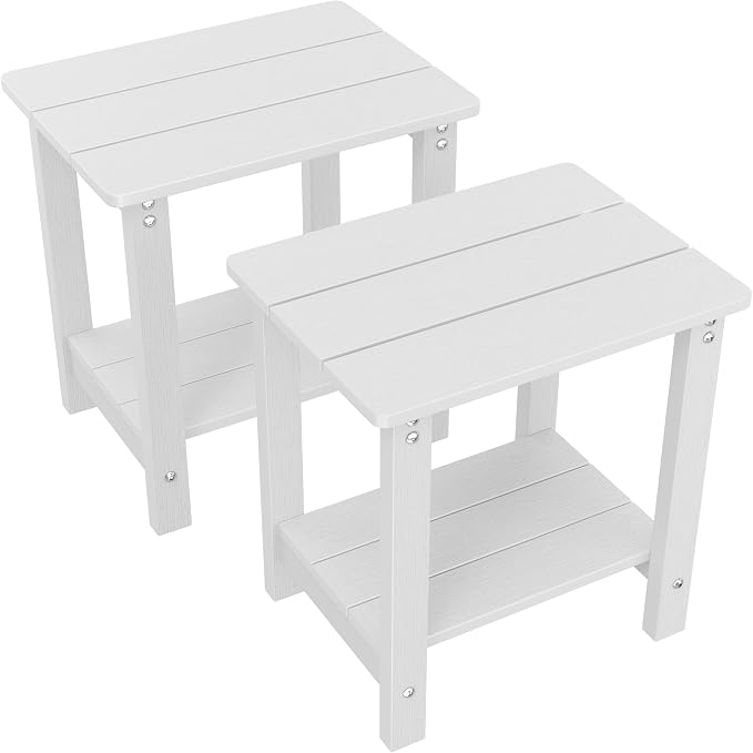 MXIMU Outdoor Side Table Set of 2: Heavy-Duty Sturdy Warp Resistant Adirondack Table - Wood Grain Finish Outdoor End Tables - Easy Assembly & Low Maintenance Patio Side Table White