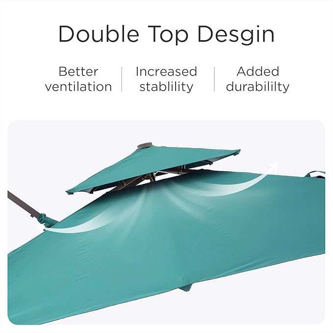 Deconk 9' X 12' Patio Umbrella with LED Lights Outdoor Cantilever Large Rectangle Offset Umbrellas Heavy Duty Aluminum Double Top with 360-degree Rotation for Pool Garden Deck, Turquoise