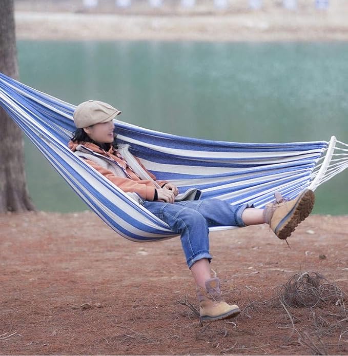 Brazilian Double Hammock (Max 450lb)- 2 Person Soft Canvas Cotton Fabric Hammock with Tree Strap-Portable Hammock with Traval Bag for Patio Porch Garden Backyard,Outdoor/Indoor - Blue/White