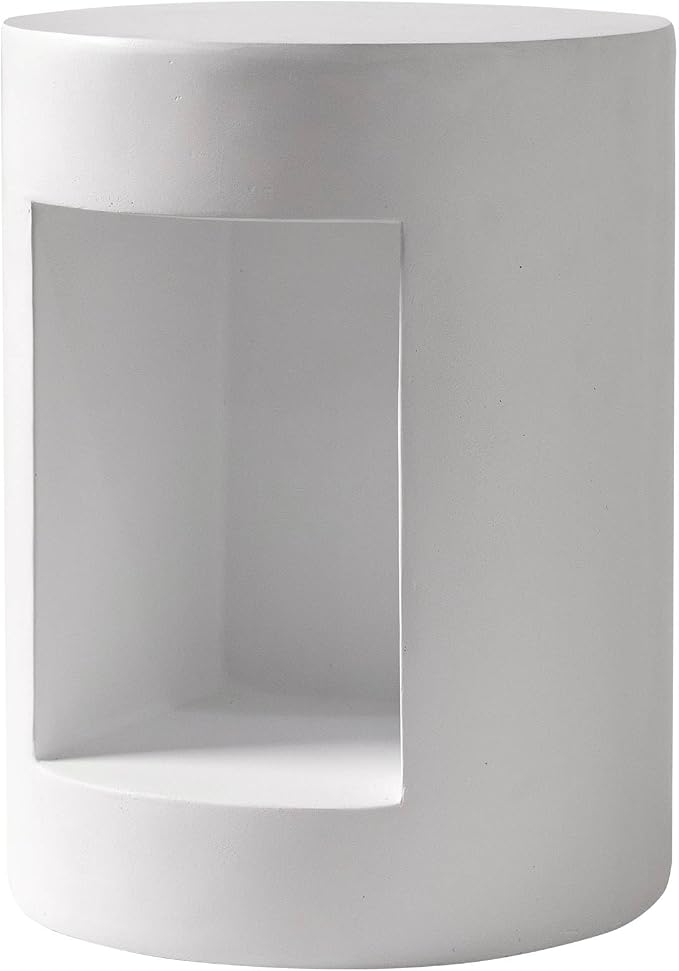 LeisureMod 14” Wide White Round Side Table in Fiberstone with Open Storage, Painted Finish, for Modern Indoor Outdoor Use, Living Room, Bedroom, Patio, Garden