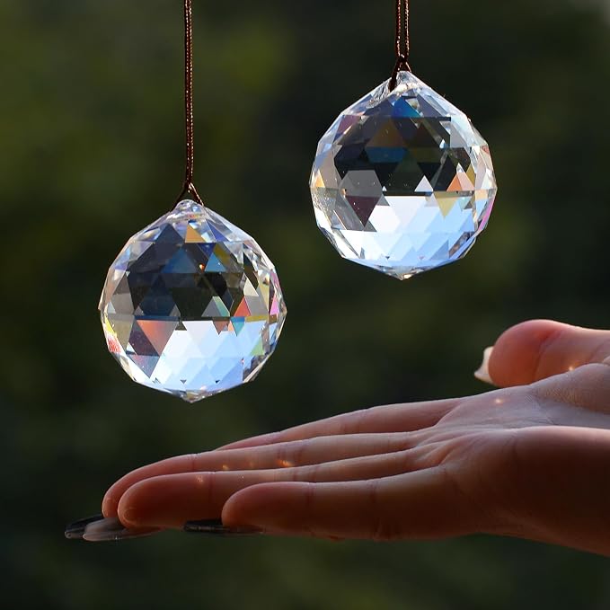 2PCS Ball Crystal Suncatcher Prisms for Windows (Ball Clear) | Clear, K9 Glass, Rainbow Maker, with Hooks & Cord