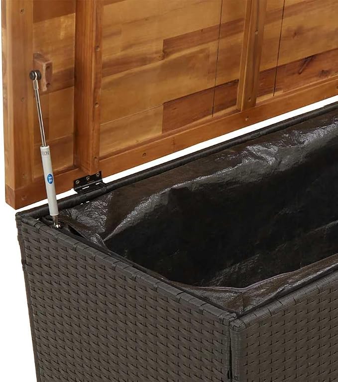 Poly Rattan Garden Storage Box with Acacia Wood Top, 43.3x21.7x24.8 Inch Outdoor Bench Seat for Cushions and Blankets