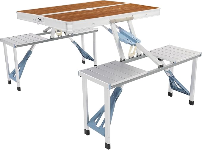 Picnic Table,Folding Picnic Table with Umbrella Hole, Aluminum Suitcase Portable Outdoor Table with Bench, Patio, Porch or Camping Table and Chair Set (Wood Color, Aluminum Alloy)
