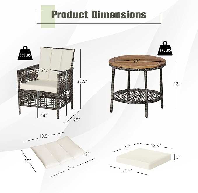 Tangkula 3 Piece Patio Conversation Set, Outdoor Rattan Chair Set W/ 2-Tier Coffee Table, Acacia Wood Tabletop, Cozy Seat & Back Cushions, Wicker Sofa Set for Backyard Poolside Front Porch (Off White)