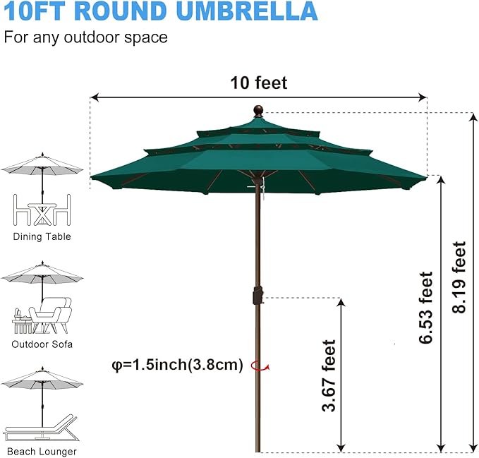 Eurmax USA 10-Year-Non-Fading 10FT 3-Tier Outdoor Patio Market Umbrella,UPF50+ UV Resistant,Heavy Duty Commercial Grade,Crank Lift Design,Windproof Vented Top for Garden,Pool,Deck,Forest Green