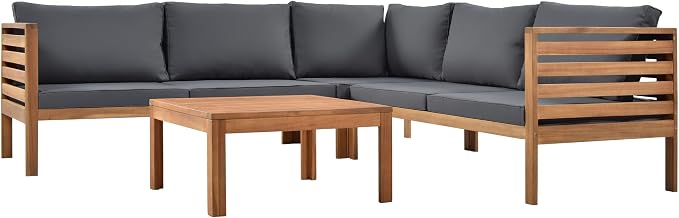 L-Shaped Wood Structure Outdoor Couch & Coffee Table,Sturdy Outdoor Conversation Sectional Sofa with Cushions,Elegant Outdoor Chaise Lounge,Patio Furniture Set For Garden,Poolside,Balcony,Gray